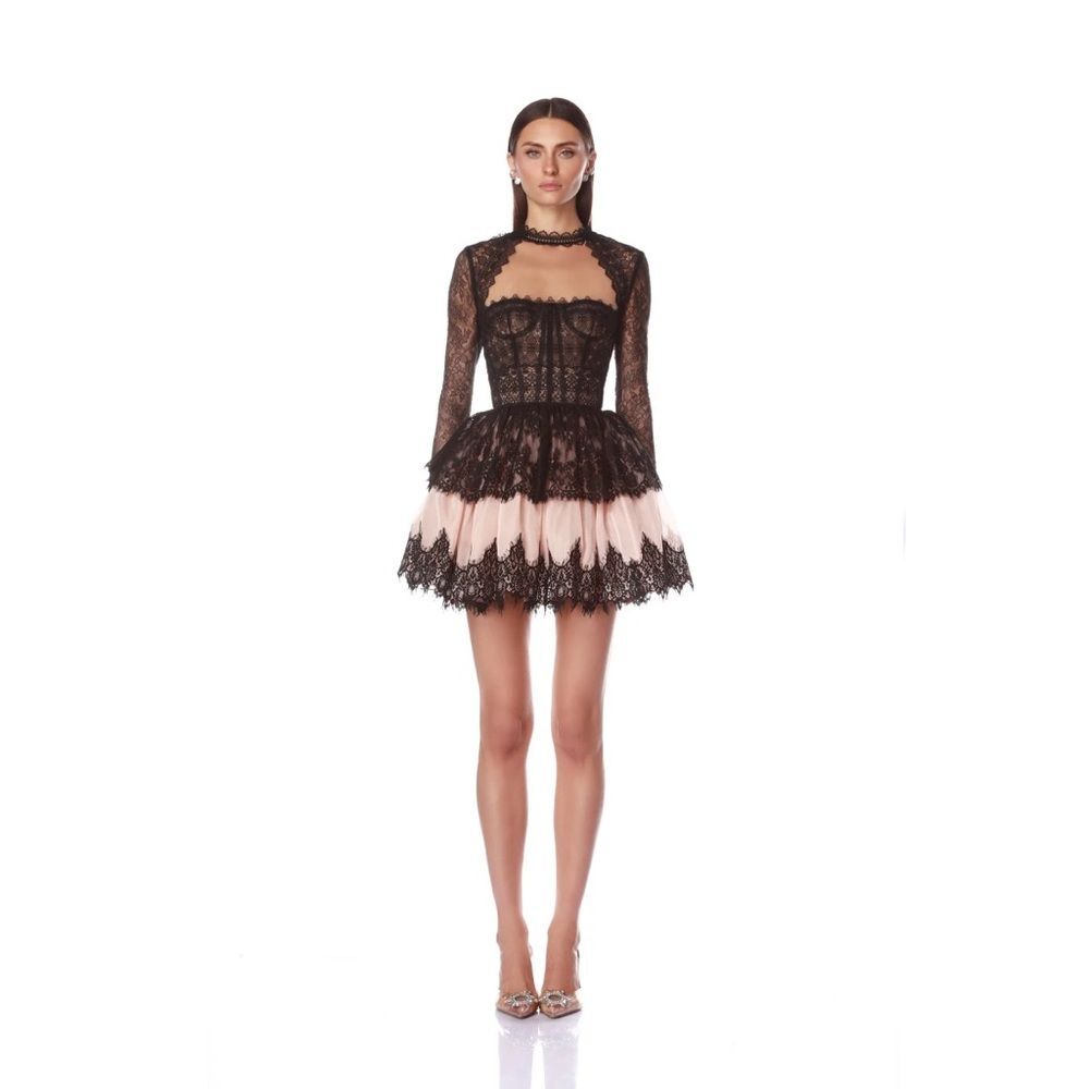 NWOT BRONX AND BANCO Daphne Illusion Corset Lace Mini Dress w Long Sleeve - Picture 3 of 16